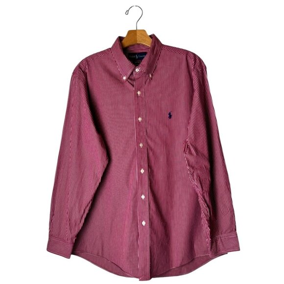 Ralph Lauren‎ Shirt Men 16.5 Red White Striped Cotton Custom Fit Button Down - Picture 1 of 10